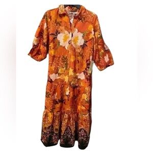 Figueroa Flower Women’s midi dress autumn orange yellow black leaves large NEW